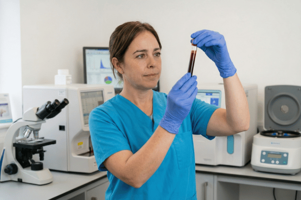 Katy, estudiante de laboratorio clínico y ACV, examinando con atención profesional una muestra de sangre veterinaria en un tubo de ensayo.