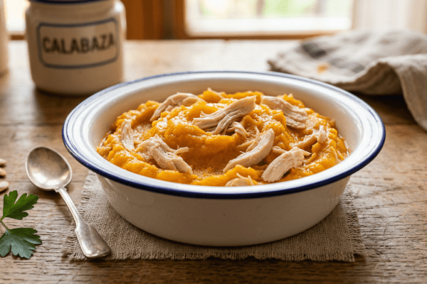 Dieta blanda para perros: Puré de calabaza con pollo desmenuzado en bol clínico