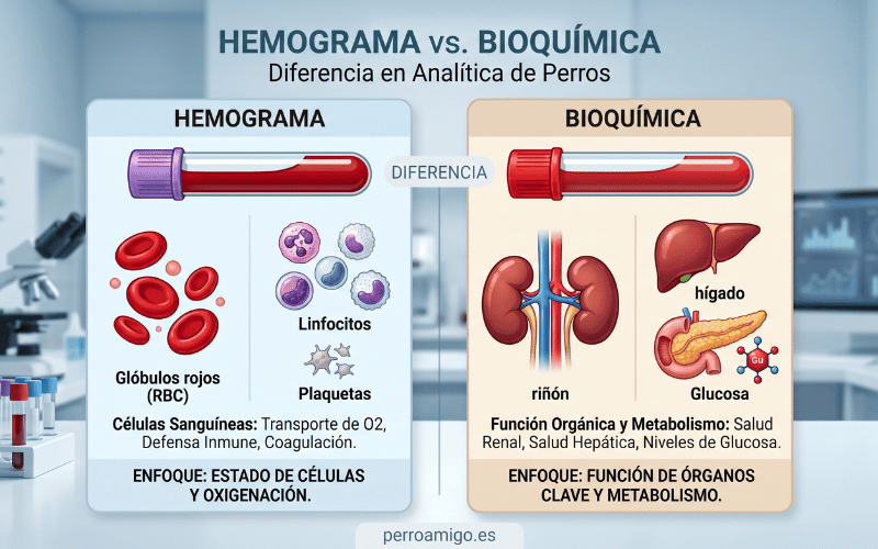 Diferencia entre hemograma y bioquímica en la analítica de un perro